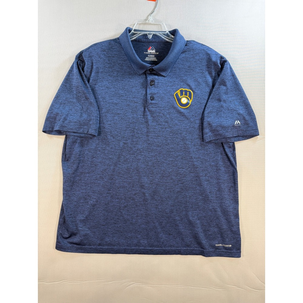 Majestic Milwaukee Brewers Cool Base Polo Shirt Mens XL Navy Blue MLB Baseball